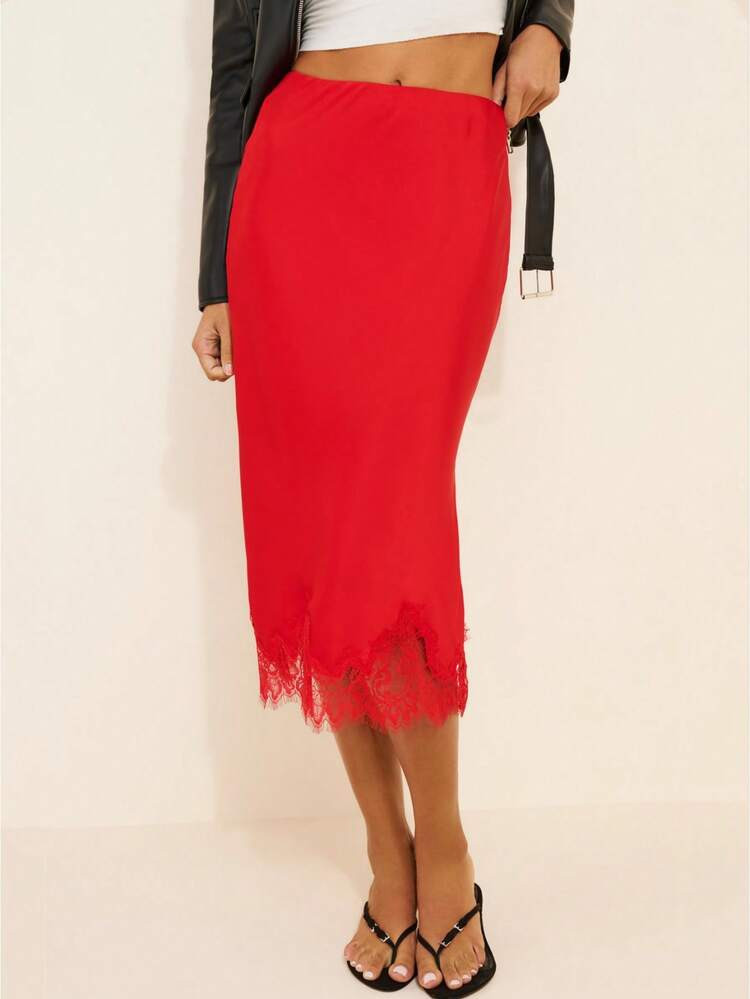 Women Lace Trim Satin Skirt Elegant Silky A Line Flowy Midi Long Skirt Y2k Elastic Rise Half Slip Underskirt | SHEIN