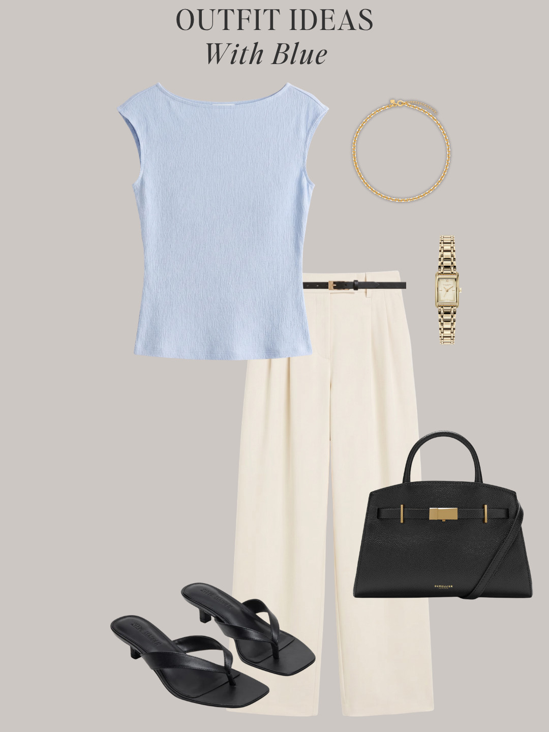 8 outfit ideas with light blue For summer ✔️ All-non light blue color clothes, shoes and accessories are in the Minimal Chic Summer 2026 capsule wardrobe.  

button vest, tailored shorts, slide sandals, sleeveless top, white midi skirt, slingback flats, blue button-down shirt, bermuda shorts, thong sandals, striped vest, linen shirt, tailored pants, white tee, black skirt, straw raffia sandals, tank dress, linen blazer, polo top

#quietluxury #styleguide #effortlesschic #lightblue #summeroutfits 

 