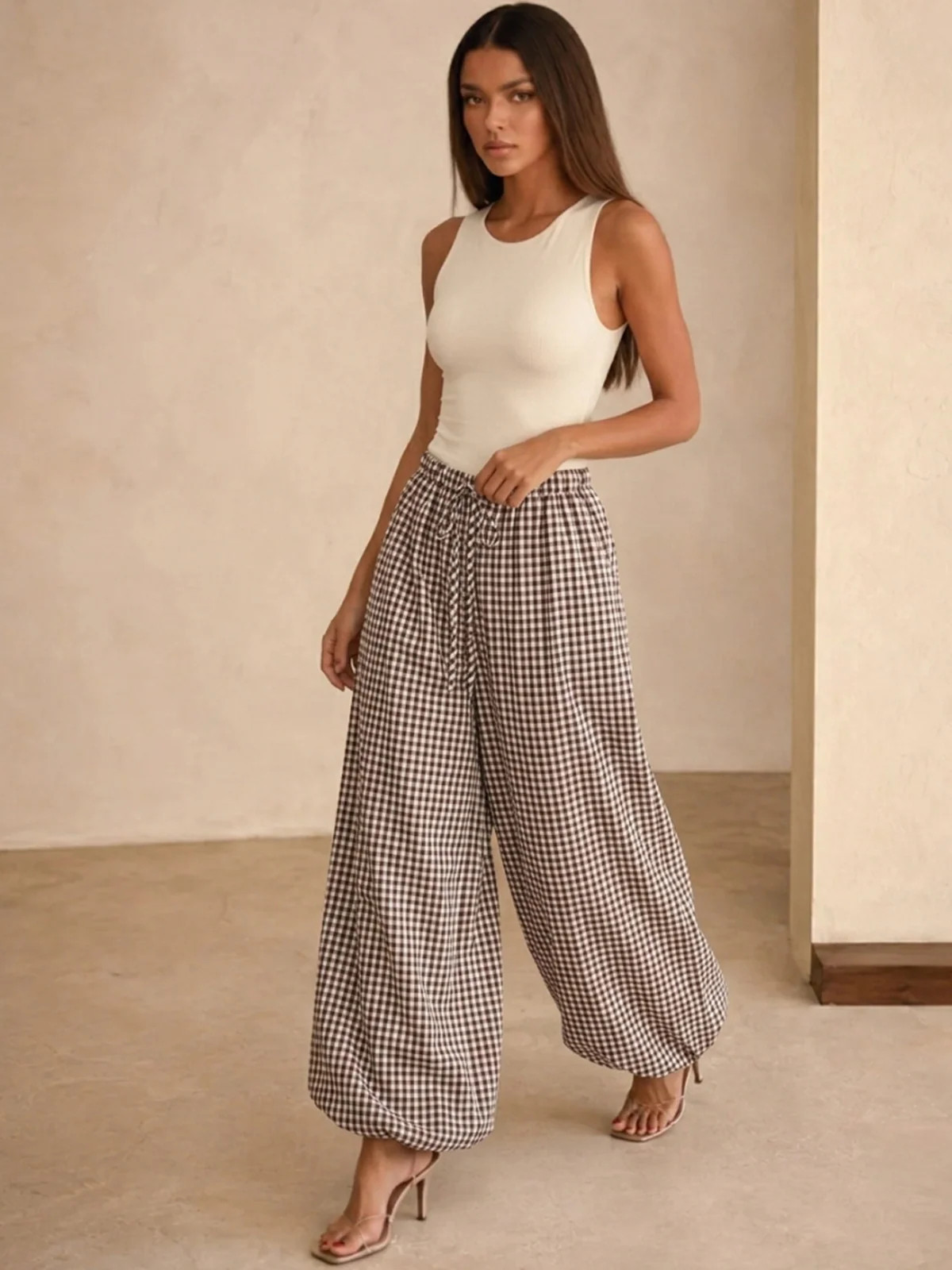 Drawstring Plaid Loose Balloon Pants | Commense