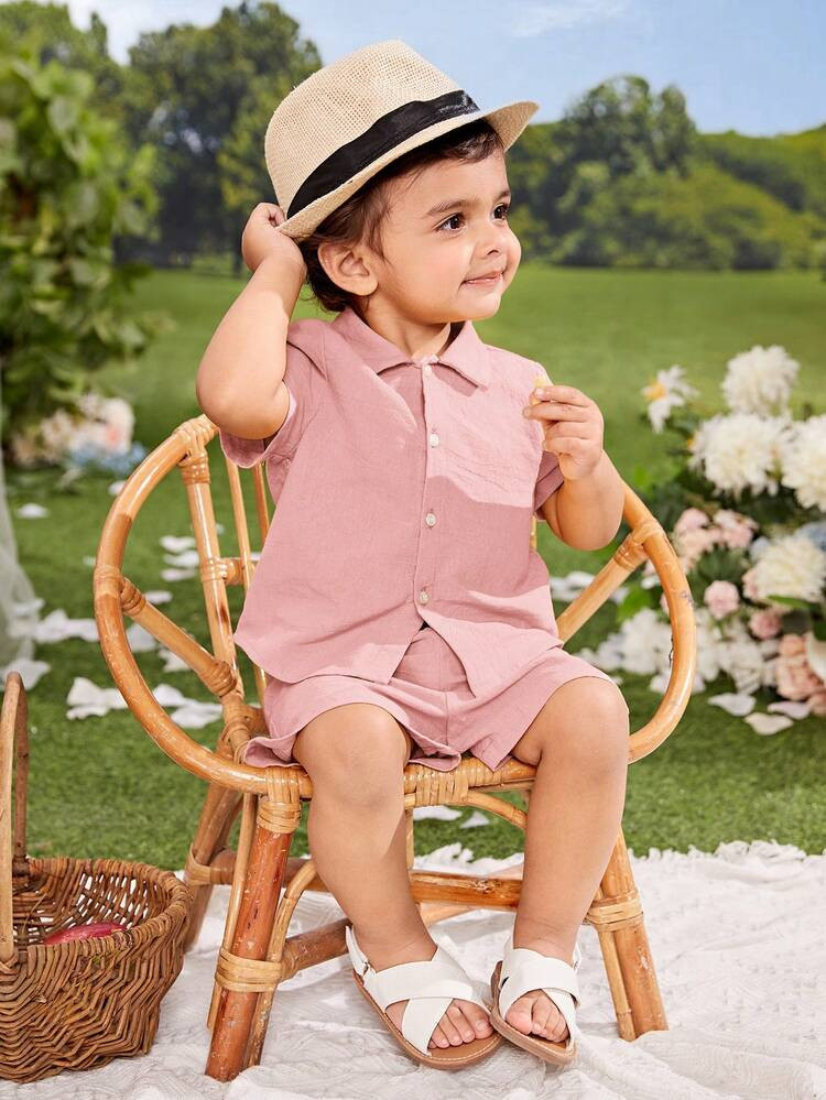 SHEIN Baby Solid Button Front Shirt & Shorts Without Tee
       
              
              $7.... | SHEIN