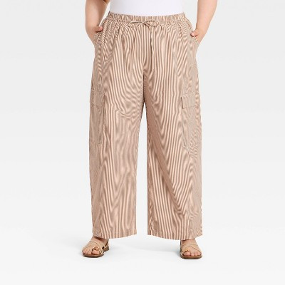 Women's Front-Tie Striped Cargo Pants - A New Day™ Light Brown 1X | Target