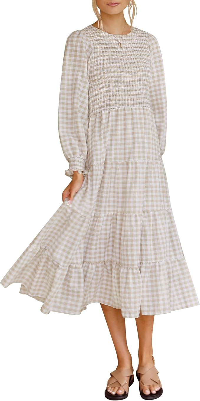 ZESICA Women's Casual Plaid Crew Neck Long Puff Sleeve Elastic Waist Smocked Flowy Tiered Midi Dr... | Amazon (US)
