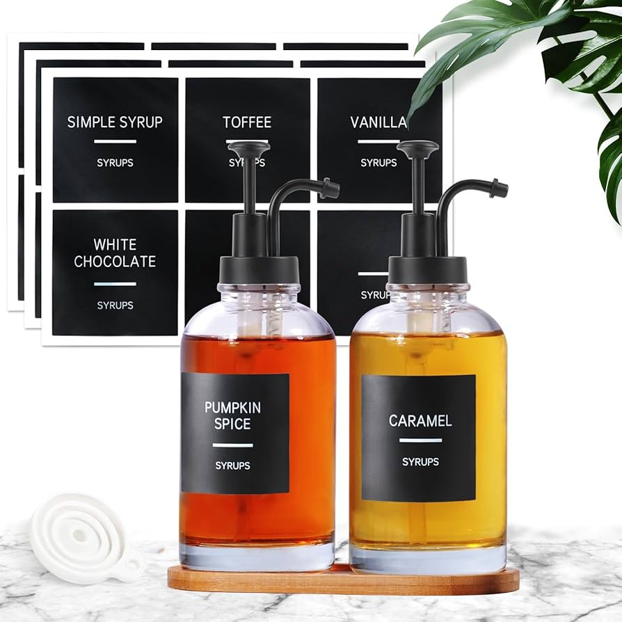 Coffee Syrup Dispenser for Coffee Bar, Set of 2 Simple Glass Syrup Bottle w. Tray and Labels, 16.... | Amazon (US)