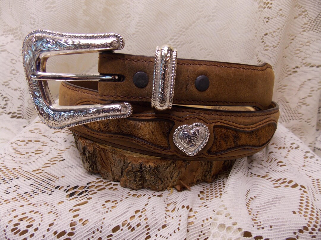 Vintage Ranger Belt Co. Western Belt on Brown Leather and Cow Hair, Silver Hearts Color Size 32 -... | Etsy (US)