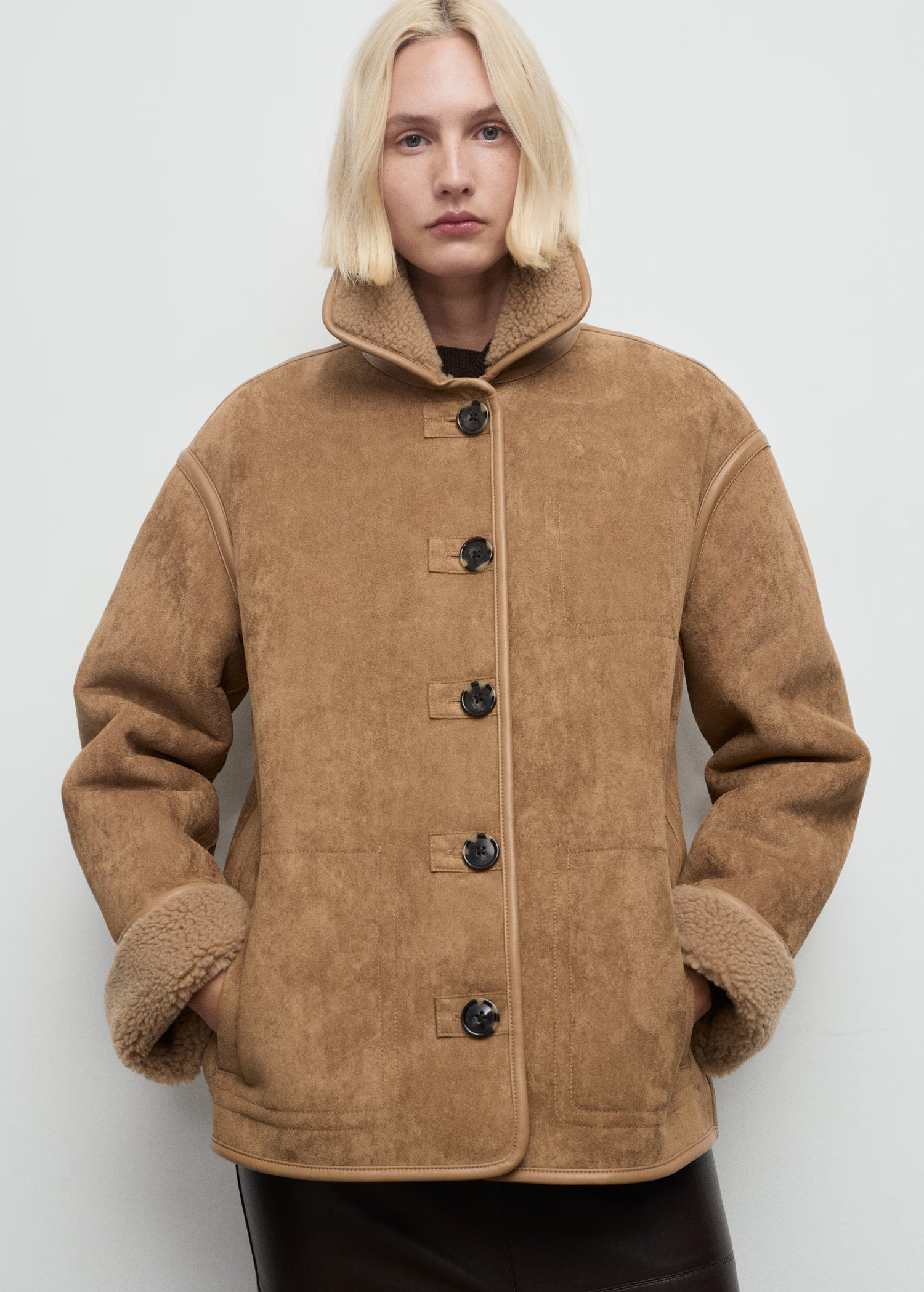 Faux-shearling leather-effect coat - Women | MANGO USA | Mango (US/MX/AU)