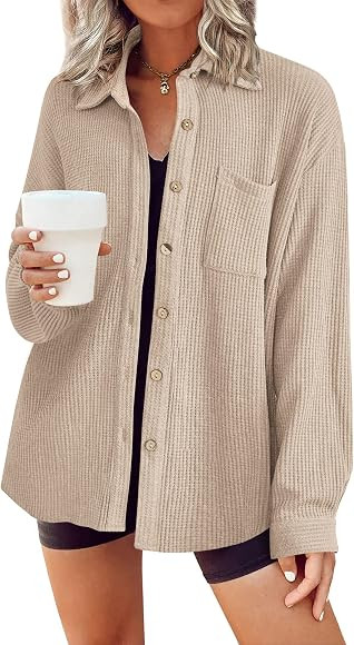 HOTOUCH Waffle Button Down Shirt Women Casual Knit Tops Long Sleeve Loose Fit Shacket with Pocket | Amazon (US)