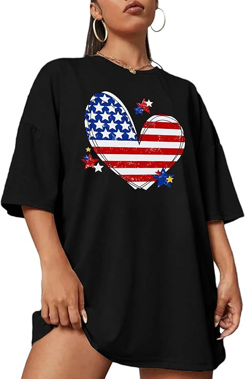 QAUN American Flag Shirt: Women 4th of July Oversized Tshirt USA Print Patriotic Shirt Stars Stri... | Amazon (US)