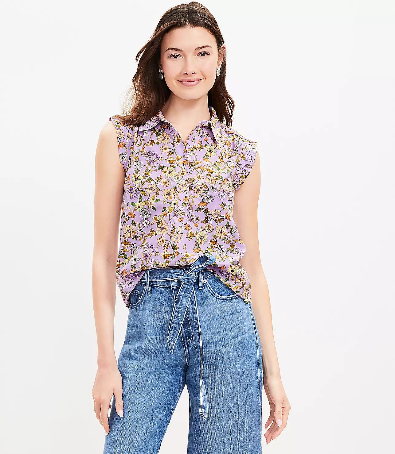 Floral Collared Ruffle Henley Top | LOFT