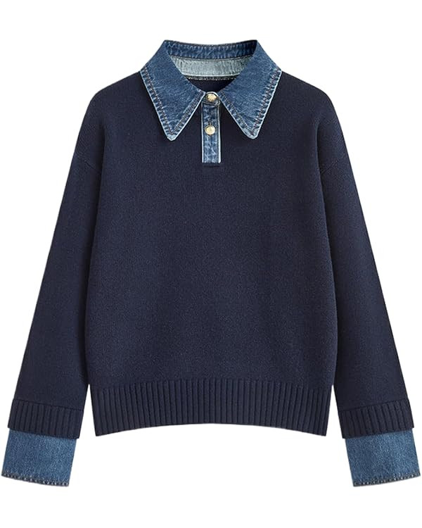 Womens Fall Oversized Long Sleeve Sweaters 2 in 1 Denim Panel Lapel Sweater Polo Knit Sweater Top... | Amazon (US)