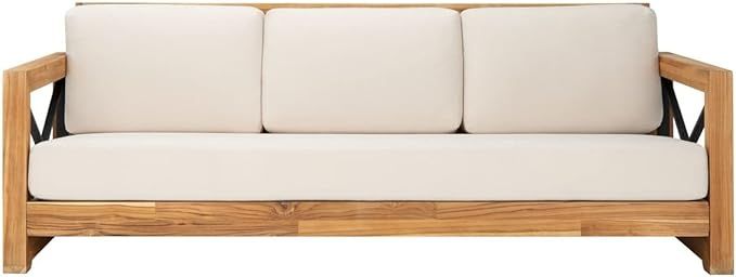Safavieh CPT1010A Couture Curacao Brazilian Teak Outdoor 3-Seat Patio Sofa, Natural/White | Amazon (US)