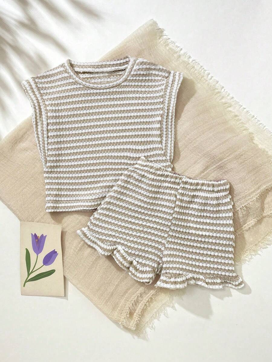 Playful Pals 2pcs/Set Baby Girl 0-3Y Casual Vacation Daily Black & White Striped Ruffle Sleeve Cr... | SHEIN