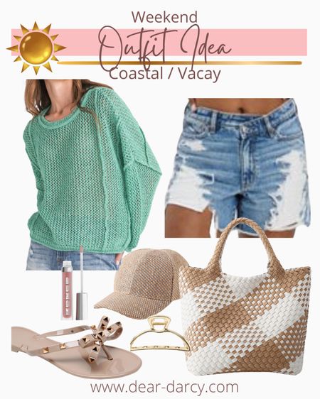 Spring outfit idea

Perfect for vacation/ beach getaway 

Perfect denim shorts tts American Eagle 

Mint green light weight sweater in a beautiful mint color tts 

Great check neutral tote great size for everyday and travel 

Buxom lip plumper and colored gloss 

Amazon accessories 
Affordable and neutral 
—Stud designer dupe sandals under $15
-Neutral ball cap, -gold hair clip 

#LTKstyletip #LTKsalealert #LTKtravel
