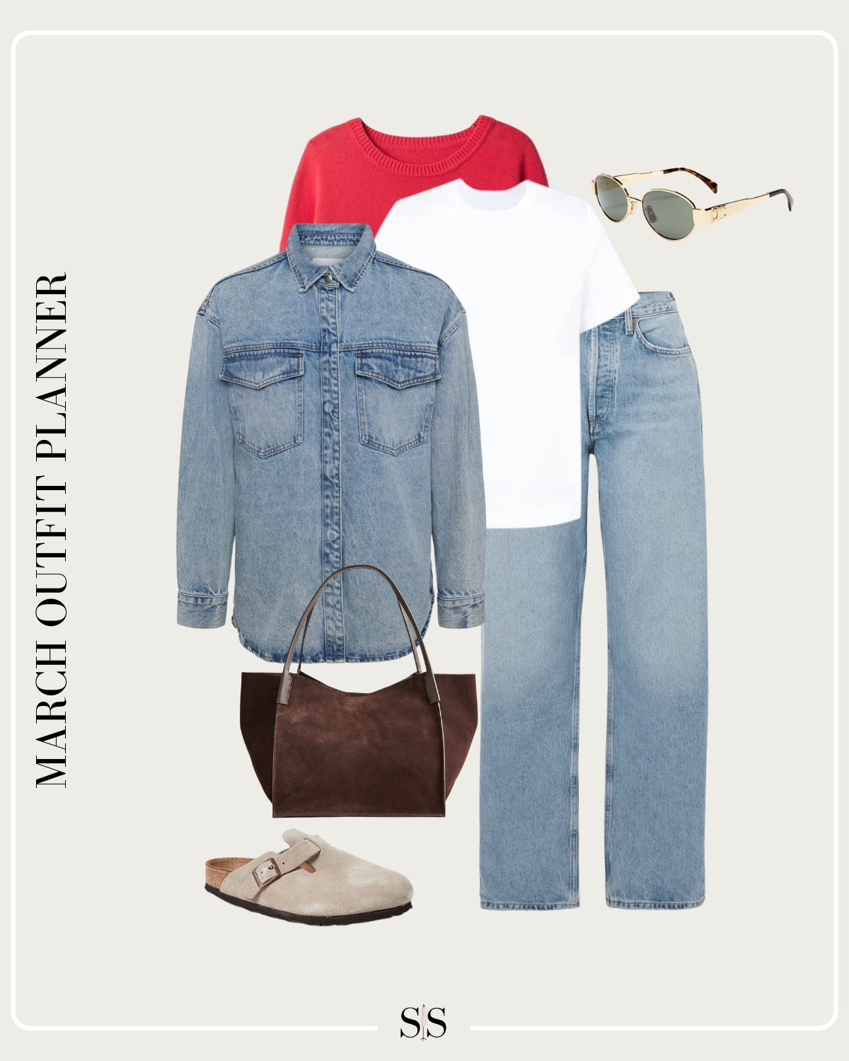 Monthly outfit planner MARCH: Winter to Spring transitional looks | denim shirt jacket, straight jean, white tee, red crewneck sweater, Birkenstocks 

#springoutfit #casualstyle 

#LTKStyleTip
