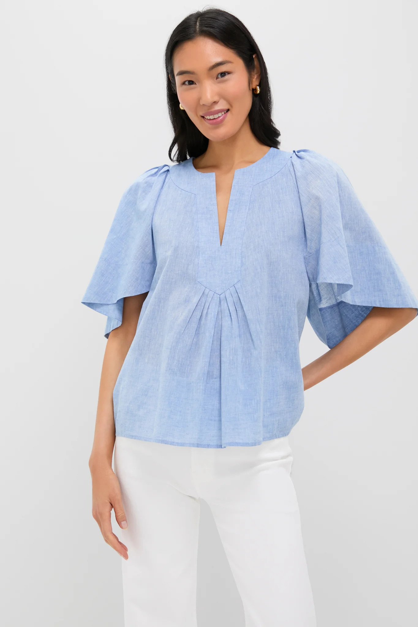 Chambray Finley Flutter Sleeve Top | Tuckernuck (US)