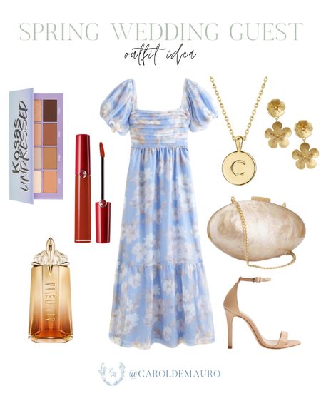 Elevate your wedding guest look with this blue floral midi dress, neutral heels, a stylish purse, gold accessories, and more!
#beautyfavorite #springfashion #outfitinspo #formalwear

#LTKshoecrush #LTKSeasonal #LTKstyletip