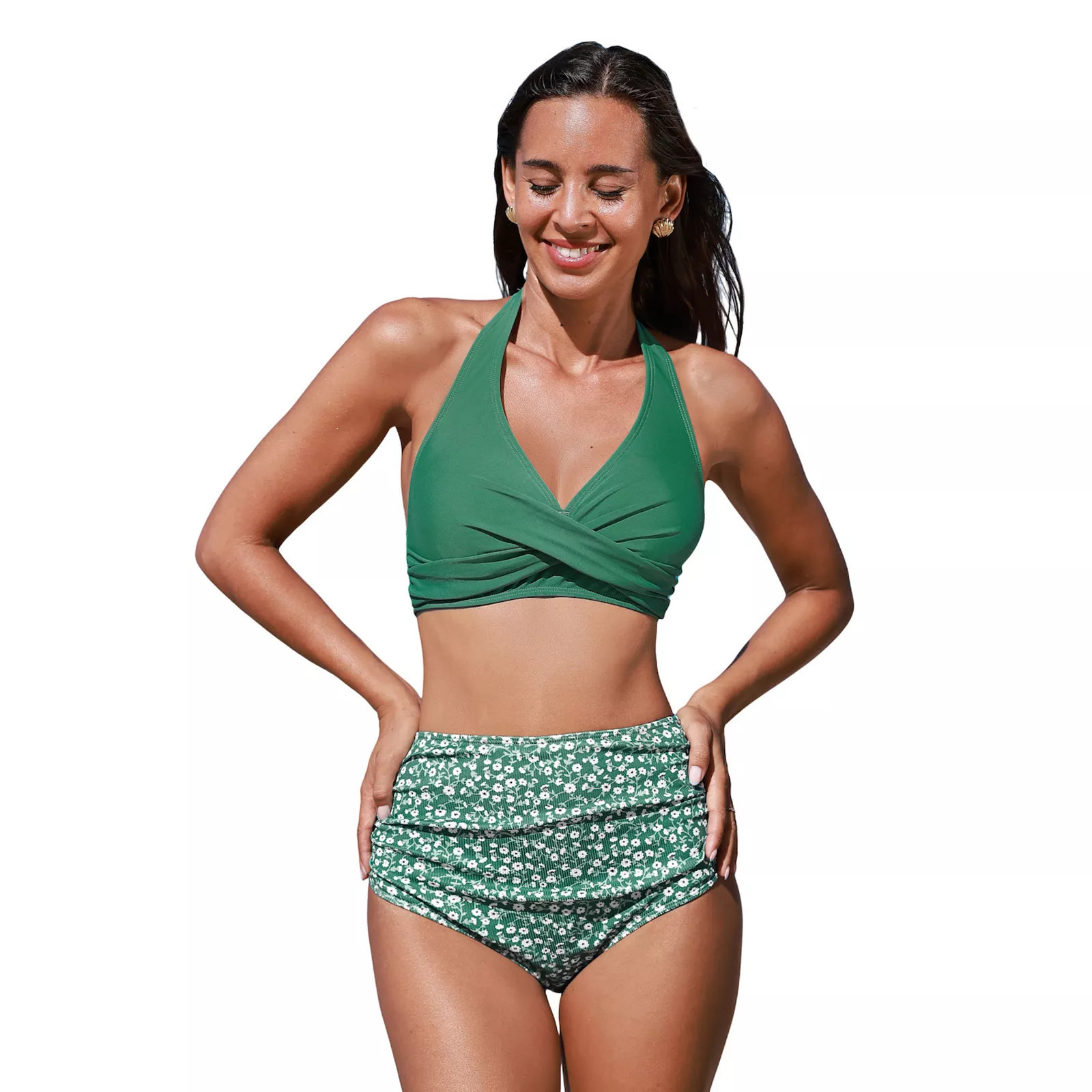 Women's Cupshe 2-Piece Ditsy Halterneck Swim Top & Ruched High-Waist Bikini Swim Bottoms Set, Size: Large, Green | Kohl's