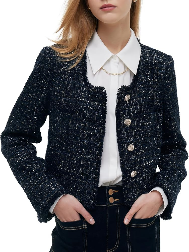 Wool Blend Tweed Blazers for Women Business Casual Knit Blazer Cropped Jacket for Women | Amazon (US)