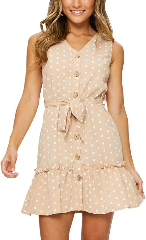 Women’s Summer Boho Polka Dot Mini Dress Ruffle v Neck Button Down Cap Sleeve High Waist a Line... | Amazon (US)