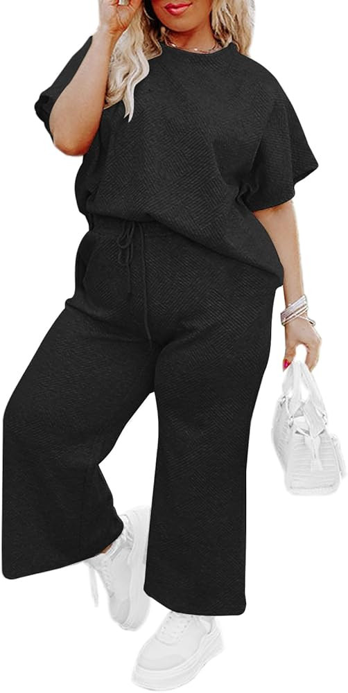 Imily Bela Womens Plus Size 2 Piece Sets Summer Vacation Outfits Short Sleeve Tops and Wide Leg P... | Amazon (US)