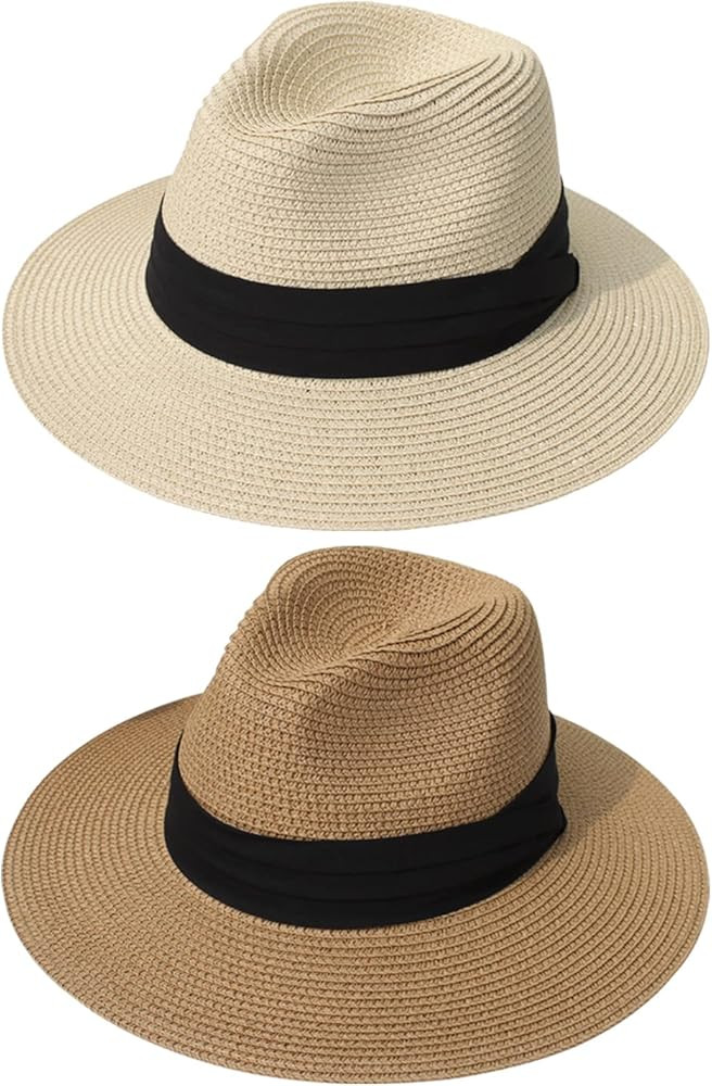 DRESHOW Women Straw Panama Hat Travel Fedora Beach Sun Hat Summer Wide Brim Straw Roll up Hat UPF... | Amazon (US)