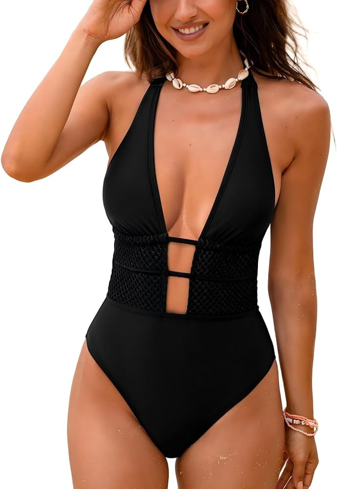 CUPSHE Women's One Piece Deep V Plunging Neck Bathing Suit Self Tied Adjustable Straps Open Back | Amazon (US)