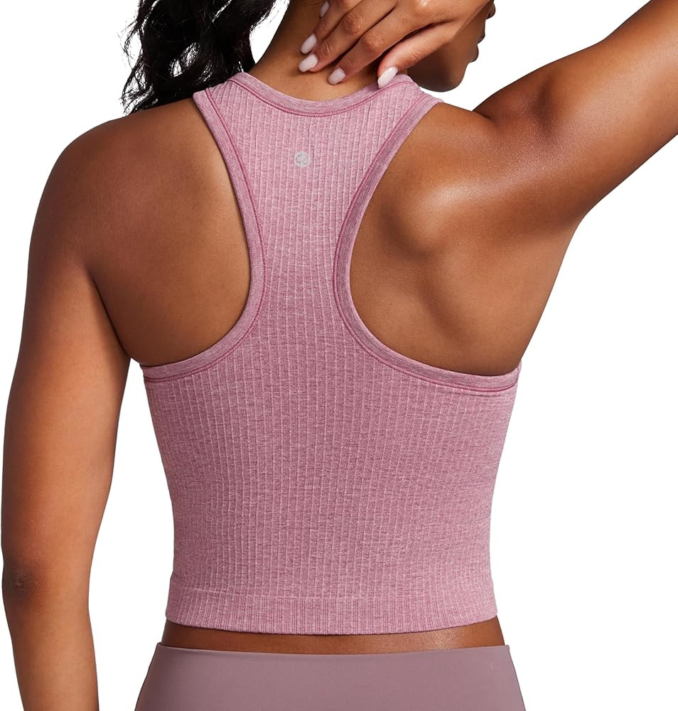 CRZ YOGA Womens Seamless Ribbed Longline High Neck Sports Bra - Racerback Padded Slim Fit Crop Ta... | Amazon (US)