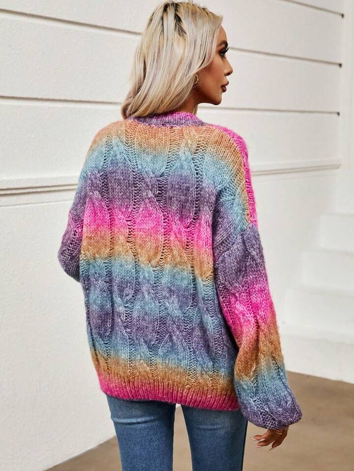 SHEIN LUNE Ombre Drop Shoulder Cable Knit Sweater | SHEIN