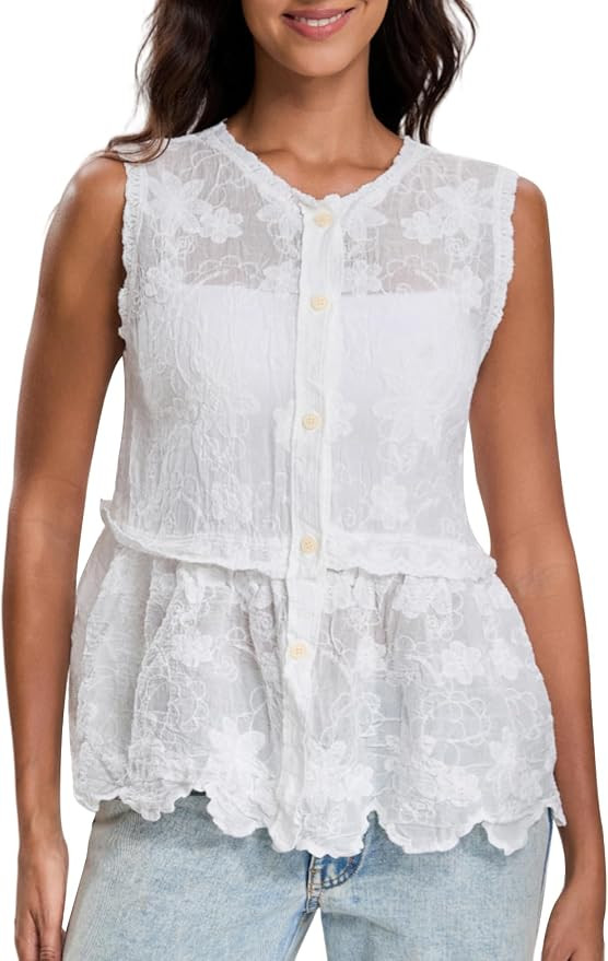 Womens Summer Boho Tank Button Down Sleeveless Vacation Tops Ruffle Knit Embroidered Spring Vest | Amazon (US)