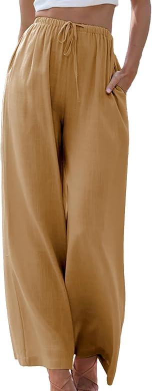 Duyang Womens Cotton Linen Palazzo Pants Drawstring Elastic Waist Casual Wide Leg Trousers with P... | Amazon (US)