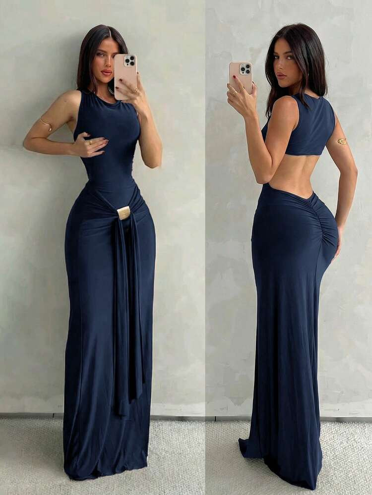 Aloruh Women's Navy Blue Sleeveless Bodycon Dress With Fish Tail Hem, Suitable For Vacation, Spring/Summer Party Night Elegant,Wedding Guest,Graduation Dress | SHEIN