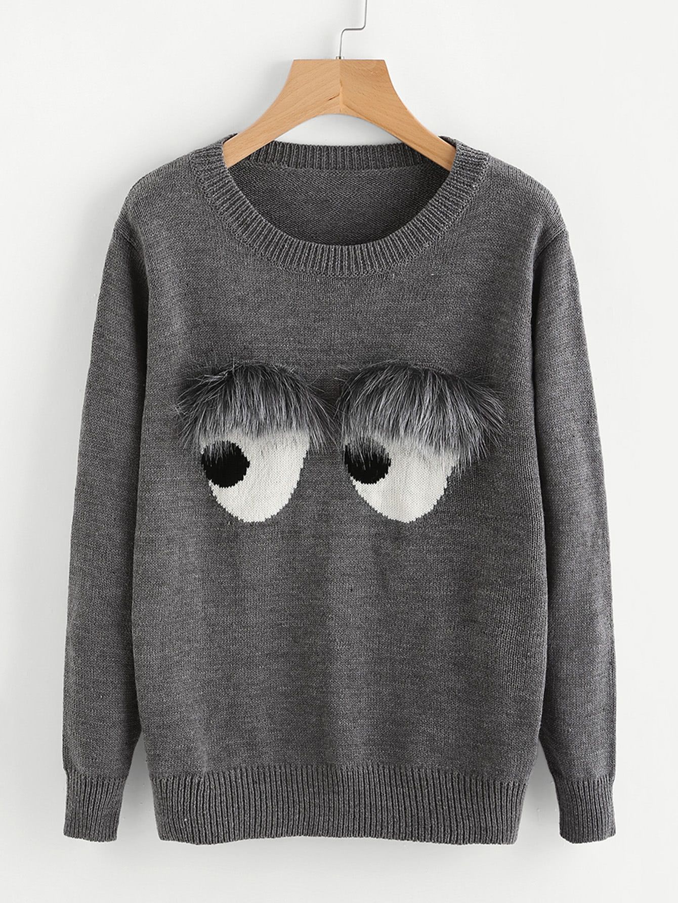 Faux Fur Embellished Eyes Pattern Jumper | SHEIN