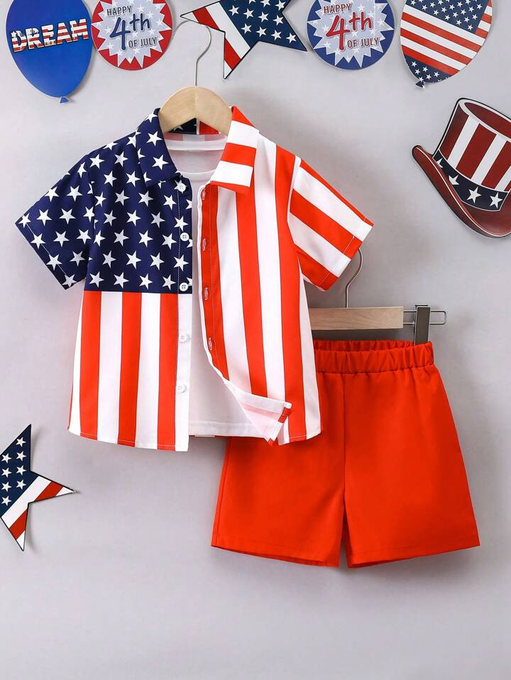 SHEIN Young Boy 4th Of July 2pcs/Set American Flag Print Shirt And Woven Shorts, Suitable For Spr... | SHEIN