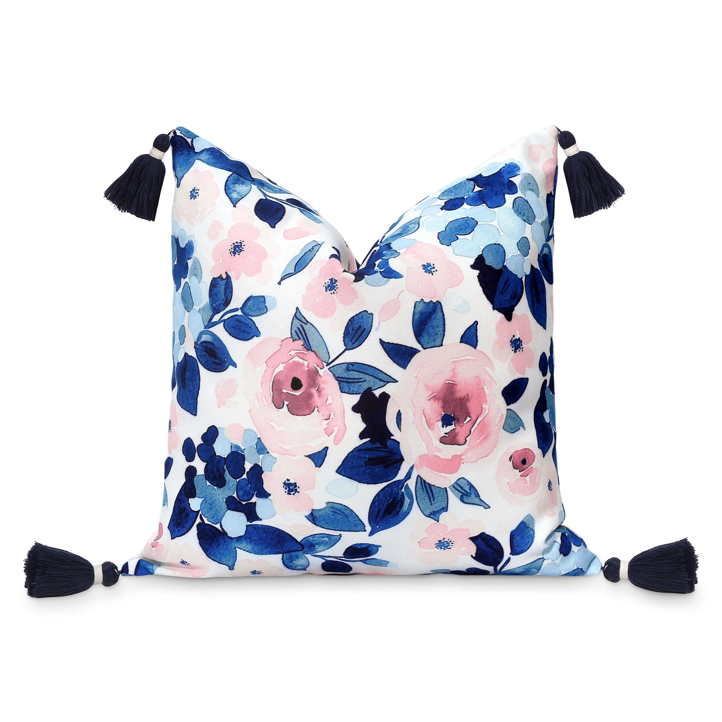 Coastal Indoor Outdoor Throw Pillow Cover Only, Watercolor Rose and Hydrangea Flower, Navy Blue B... | Hofdeco