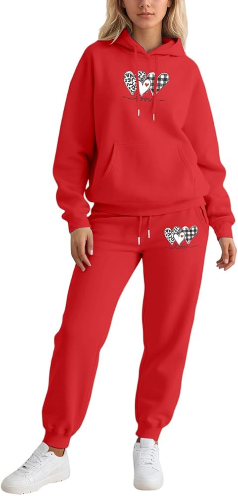 Womail Women's Valentines Sweatsuit Cute Heart Print 2 Piece Hoodies and Sweatpants Set Casual Jo... | Amazon (US)