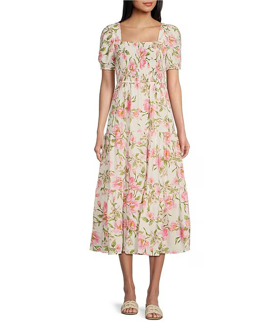 Floral Print Square Neck Short Puff Sleeve Midi Dress | Dillard's