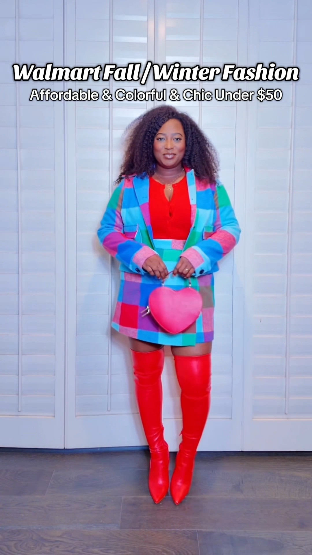 Walmart plaid skirt set, Walmart faux fur coat, free assembly skirt, free assembly cropped jacket, affordable, chic,  colorful fall outfit,  maximalist style, red, orange and blue, 

#LTKFindsUnder50 #LTKStyleTip #LTKSeasonal