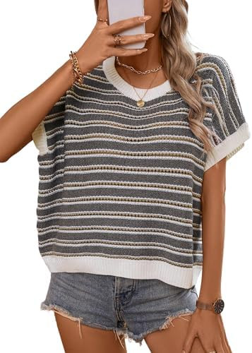 Short Sleeve Sweaters for Women 2026 Summer Casual Striped Cap Sleeve Tops Lightweight Hollow Out... | Amazon (US)