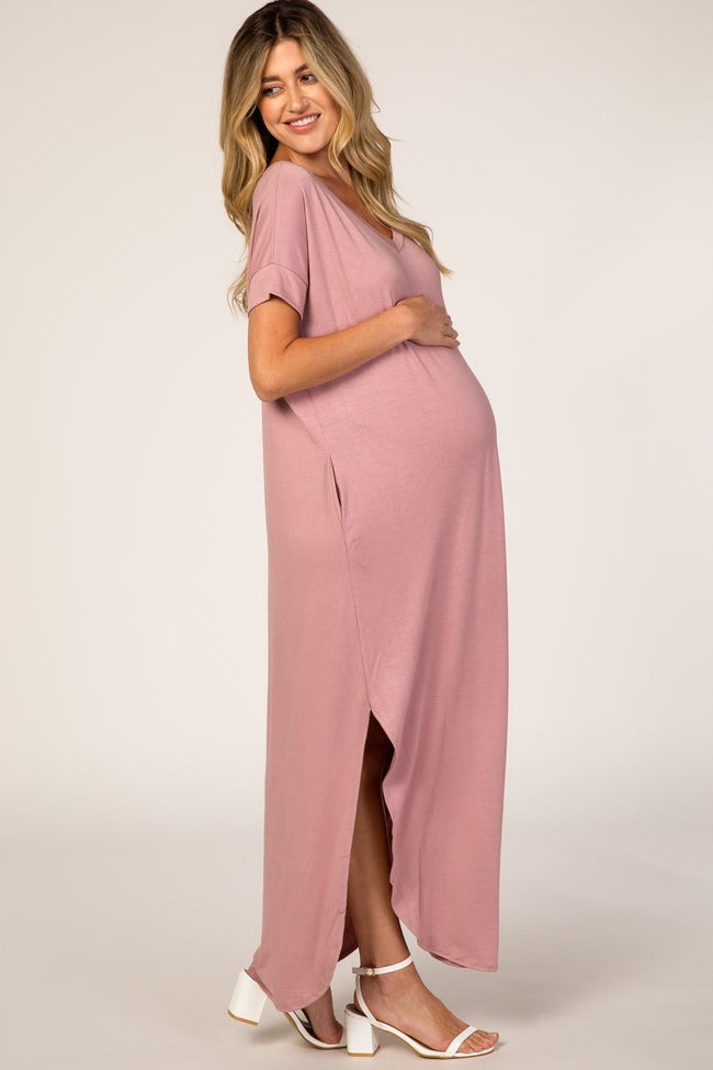 Mauve V-Neck Short Sleeve Maternity Maxi Dress | PinkBlush Maternity