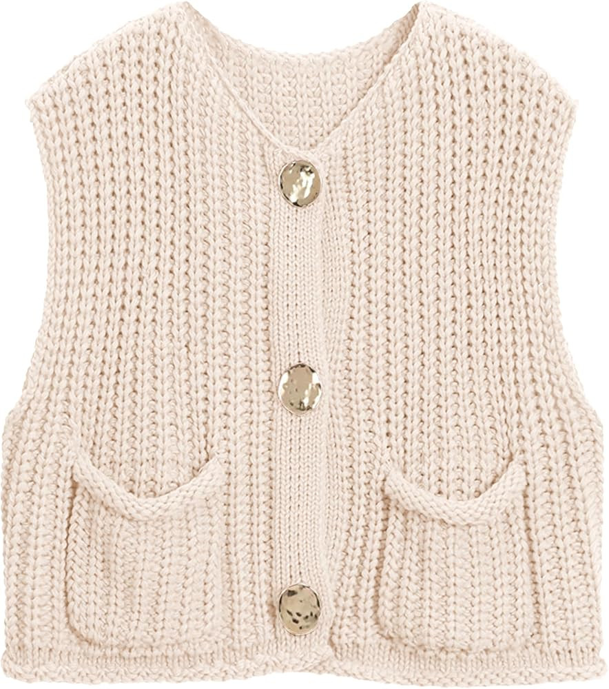 Hixiaohe Womens Crochet Chunky Knit Top Sleeveless Button Down Crop Tops Trendy Cardigan Sweater ... | Amazon (US)