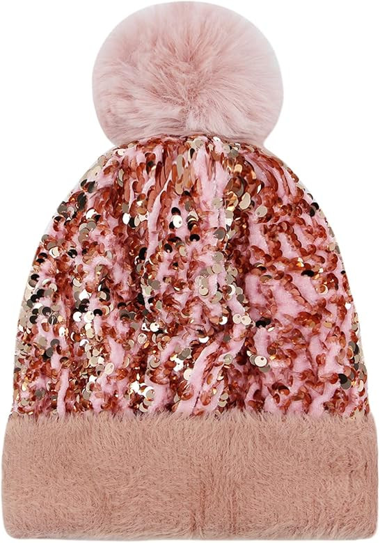 Caviotess Women Sparkly Sequins Knitted Beanie Hat Warm Winter Skull Cap with Faux Fur Pom Pom | Amazon (US)
