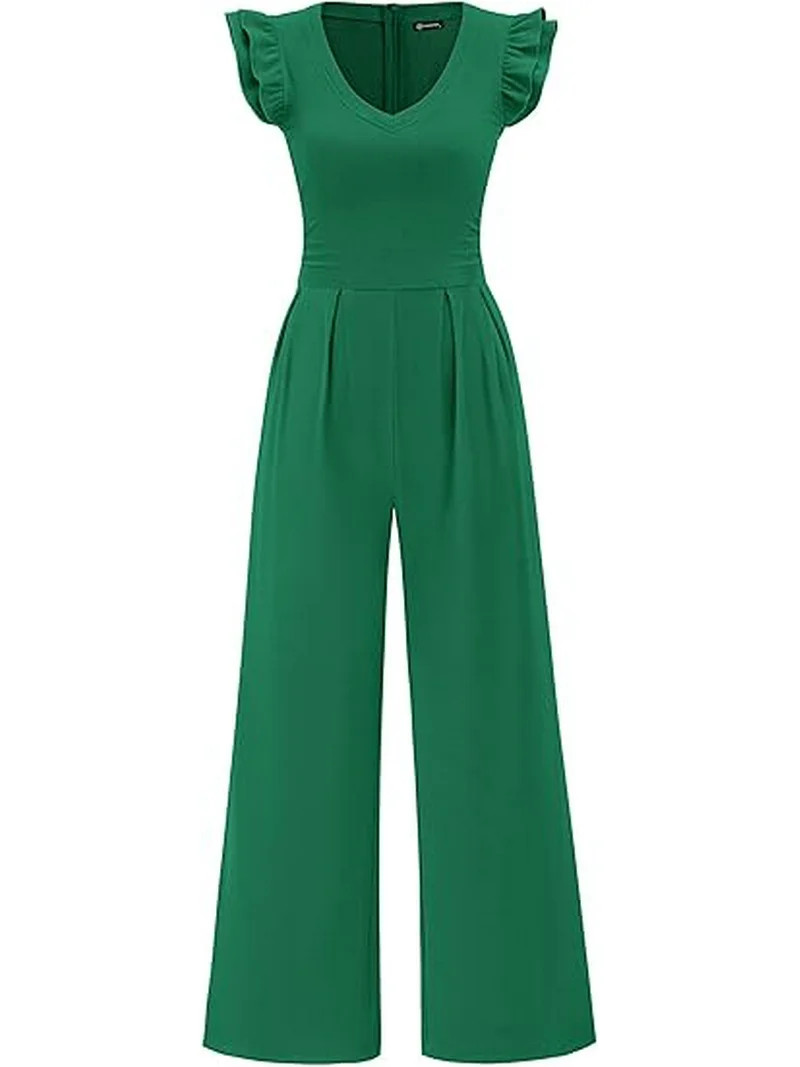 PRETTYGARDEN One Piece Jumpsuits For Women Dressy Ruffle Cap Sleeve V Neck Ribbed Knit Wide Leg R... | Walmart (US)