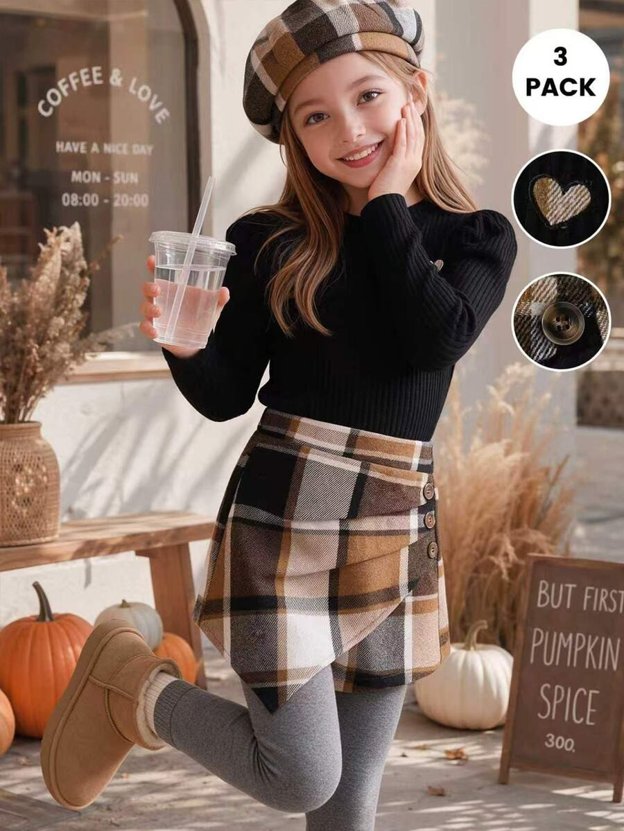 SHEIN Elladie kids Tween Girl Black Knit Long Sleeve + Plaid Asymmetrical Skort (Includes Hat) Set Suitable For Late Autumn, Early Winter, Early Spring | SHEIN