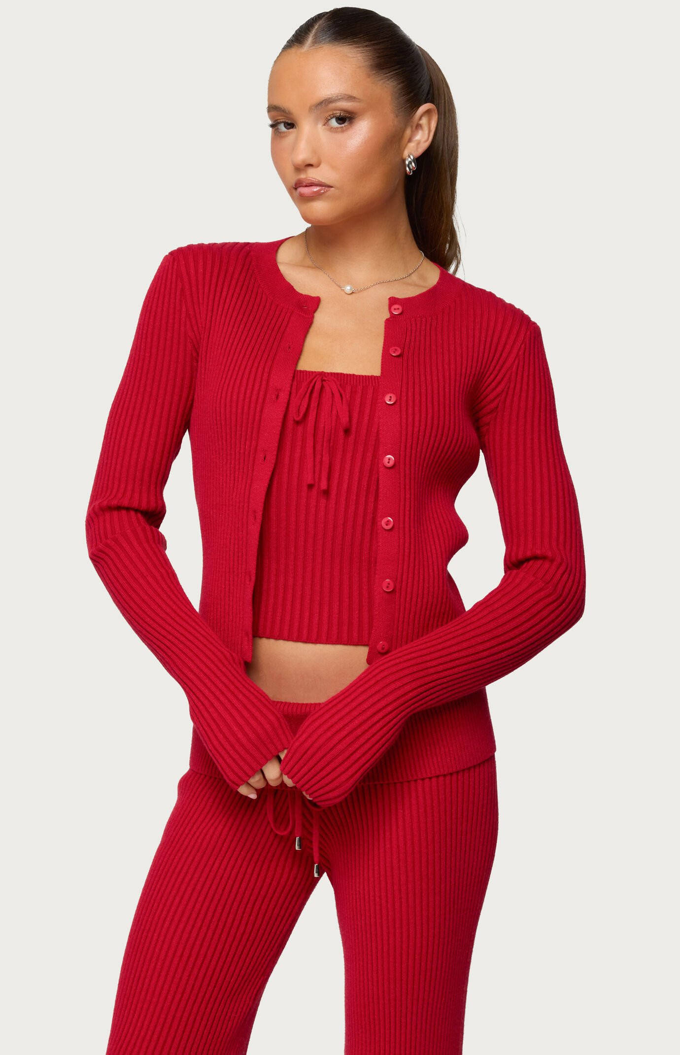 Edikted Women's Adannah Ribbed Knit Button Up Cardigan in Red - Size Medium | PacSun