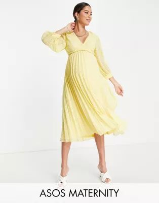 ASOS DESIGN Maternity nursing pleated tie wrap around midi dress in chevron texture in lemon yell... | ASOS (Global)