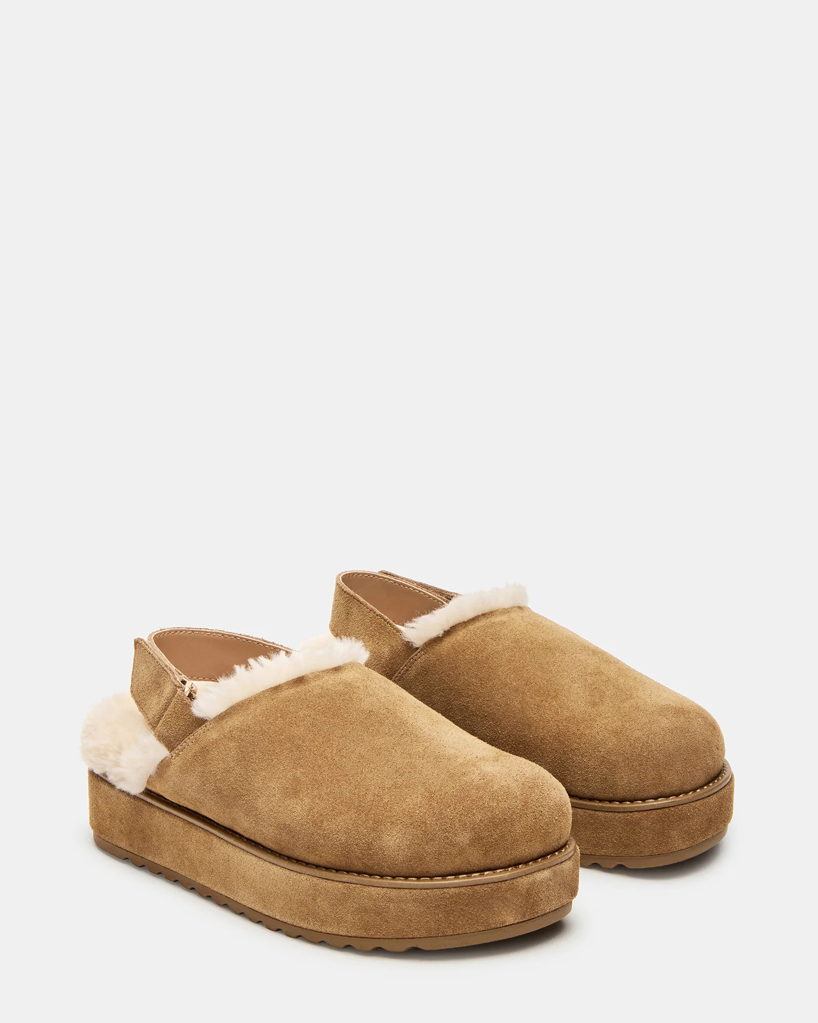 MELLOW Faux Fur Cognac Suede Women's Slingback Platform Clog | Steve Madden (US)