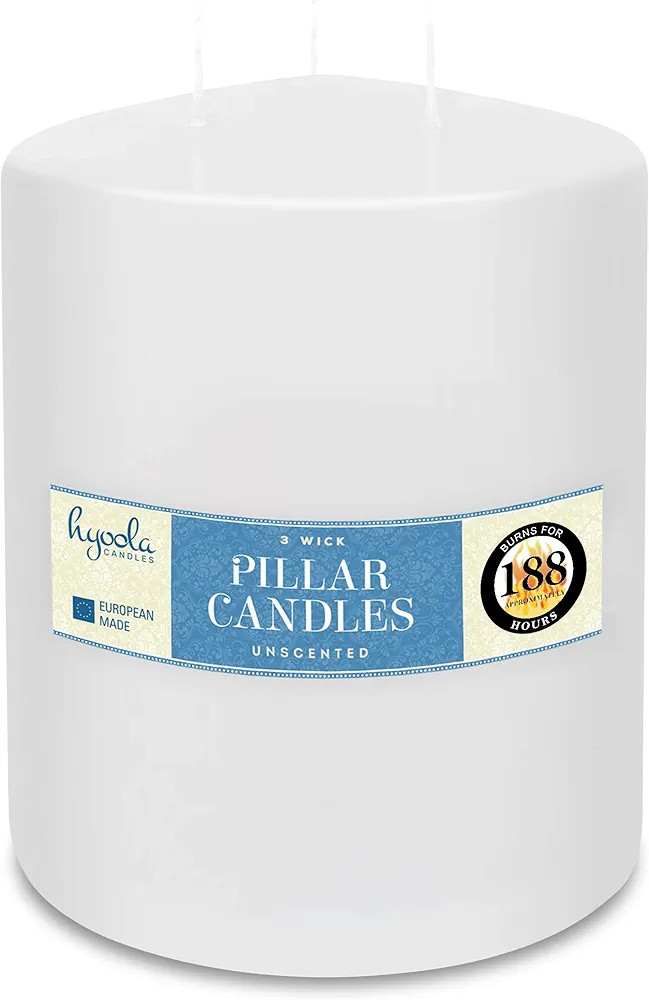 HYOOLA White Three Wick Large Candle - 6 x 8 Inch - Unscented Big Pillar Candles - 188 Hour - Eur... | Amazon (US)