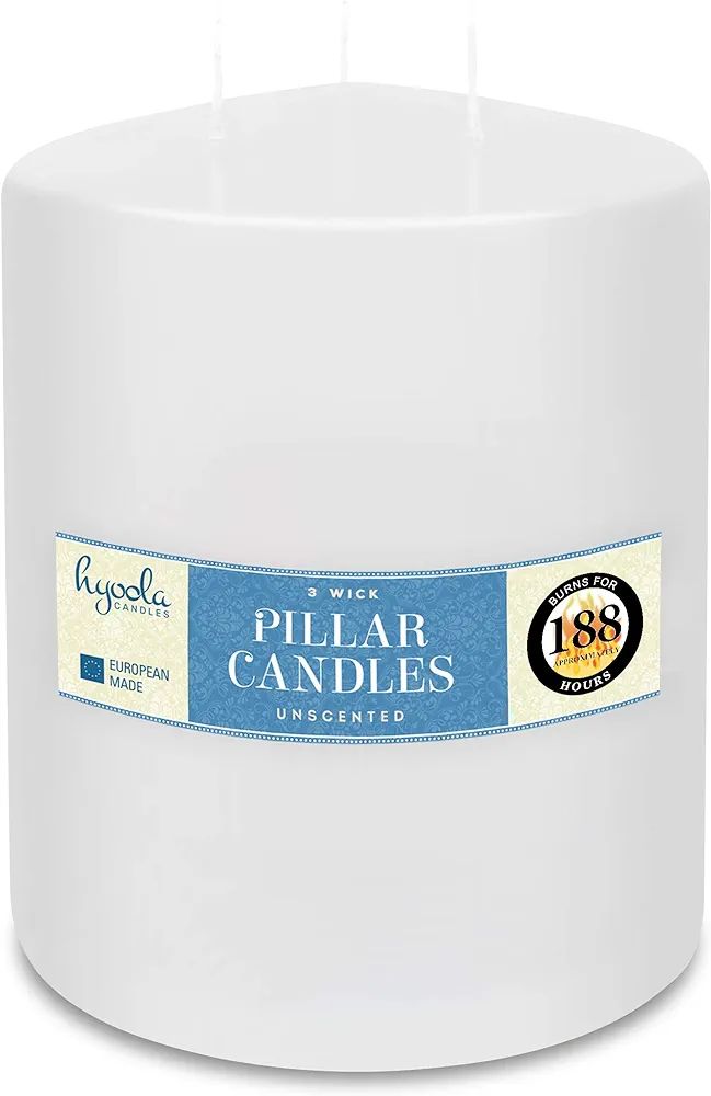 HYOOLA White Three Wick Large Candle - 6 x 8 Inch - Unscented Big Pillar Candles - 188 Hour - Eur... | Amazon (US)