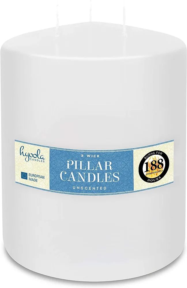 HYOOLA White Three Wick Large Candle - 6 x 8 Inch - Unscented Big Pillar Candles - 188 Hour - Eur... | Amazon (US)