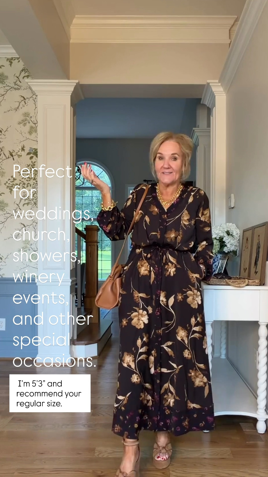 This floral maxi dress is such a pretty one-and-done outfit for church, weddings, showers, or a winery event. It has a drawstring waist, side pockets, and a pretty border detail at the hem. I’m 5’3” and wearing a small, but I recommend your regular size—the small is a little snug, so a medium would be better for me.

💡 LTK MADE EASY
❤️ Heart = Support my posts!
🔖 Save = Get sale & restock alerts
📋 Lists = Keep favorites organized
📲 Share = Send lists and products to a friend. Hello, Christmas List!
💬 Comment = Ask me anything about what I’m wearing.:-)

#LTKootd #LTKOver40 #LTKWedding