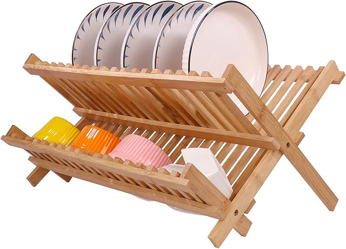 SZUAH Collapsible Bamboo Dish Drying Rack - 2 Tier Space Saving Kitchen Counter Organizer, Holds ... | Amazon (US)
